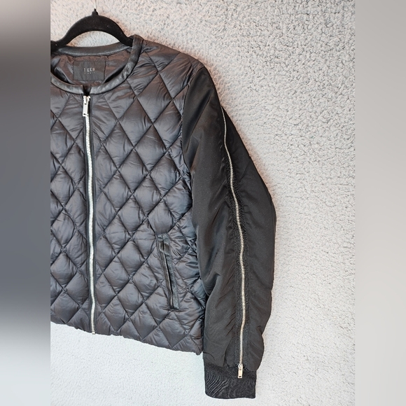 Ikks Women Moto Bomber Cropped Puffer Jacket Sz L Black Quilted Shell Rib Cuff - Picture 3 of 13